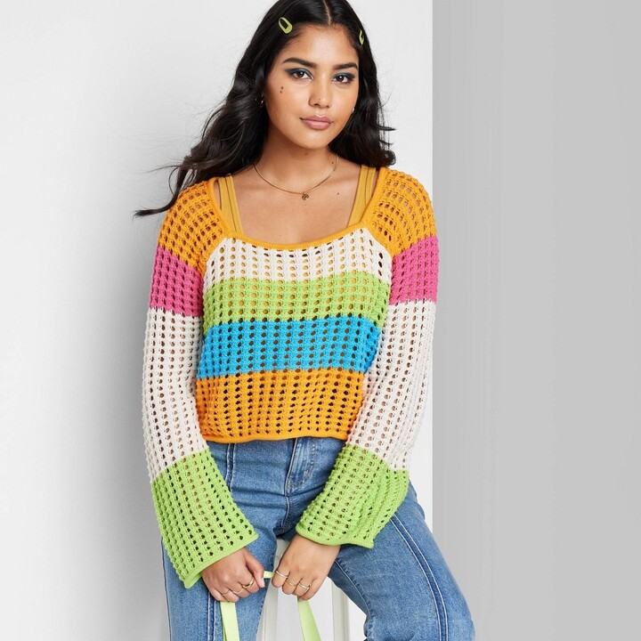 Wild Fable Women's Square Neck Pointelle Pullover Sweater Striped