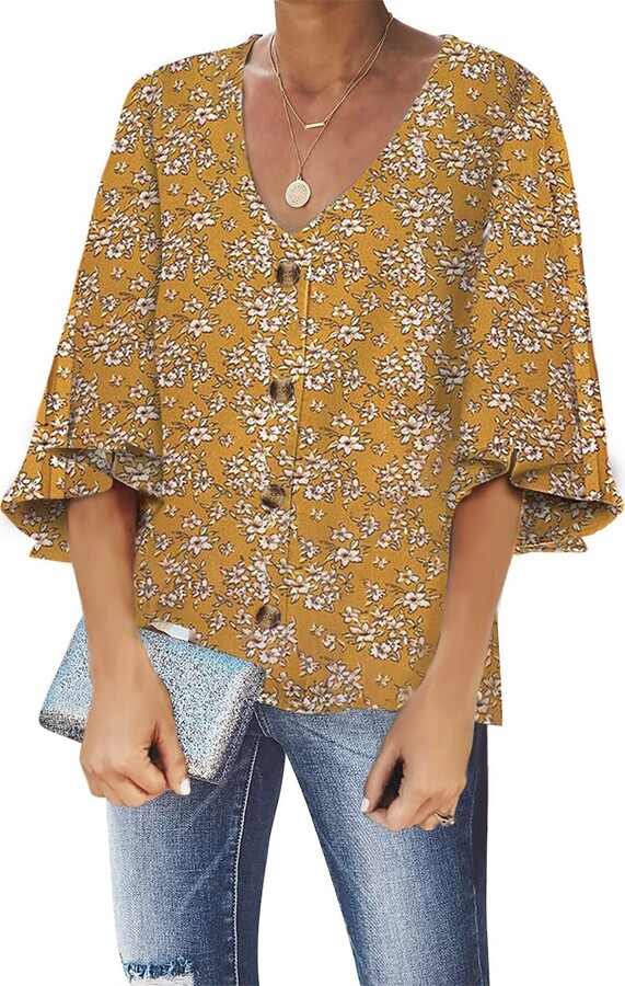 HunYUN Womens Daily Floral Print V Neck Lantern Sleeve Top Ladies Loose T Shirt Blouse 