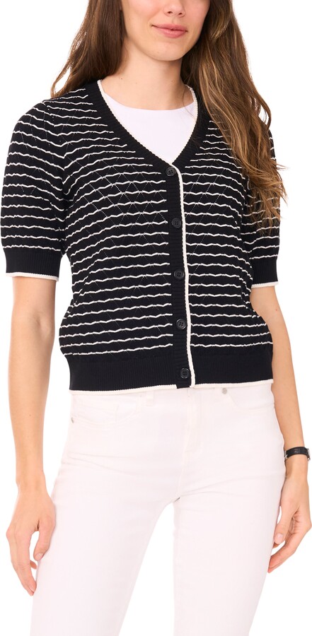 Halogen Stripe Pointelle Cotton Button-Up Sweater ShopStyle