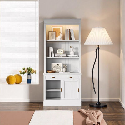 83.4" Tall LED-Lit Modern Bookcase with Sliding Doors, Open Shelves - Ideal for Living Room & Home Office, White