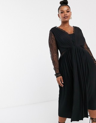 ASOS DESIGN Curve lace and pleat long sleeve midi dress