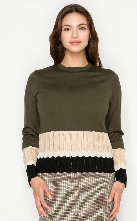 YAL New York Olive Crewneck Sweater with Woven Hem Detail