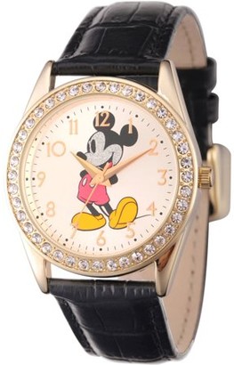Disney Glitter Mickey Mouse Men's Gold Alloy Glitz Watch, Black Leather Strap