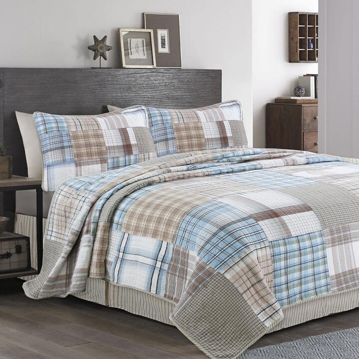Cozy Line Home Fashions Baby Blues GQ Tartan Plaid Square Patchwork 3-Piece Blue Brown Beige White Cotton King Quilt Bedding Set