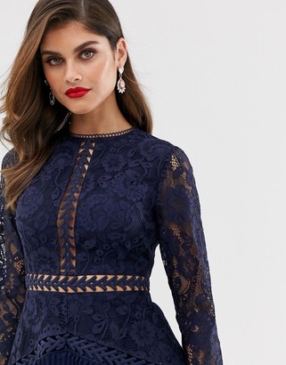ASOS DESIGN lace mini dress with trim inserts and pleated skirt