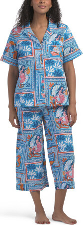 TJMAXX 2Pc Cotton Tidal Tapestry Short Sleeve Top And Cropped Pants Set For Women