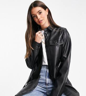Topshop Tall long sleeve belted faux leather shirt in black - ShopStyle