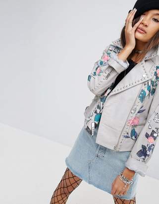 ASOS Premium Leather Jacket With Tattoo Rose Print And Studs