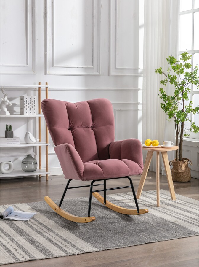 Rasoo Modern Velvet Tufted Upholstered Rocking Chair Ergonomic Backrest Made Of Solid Wood And Metal Living Room Chairs Style Armchairs Recliners