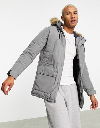 Jack and Jones Originals parka with faux fur lined hood in grey - ShopStyle
