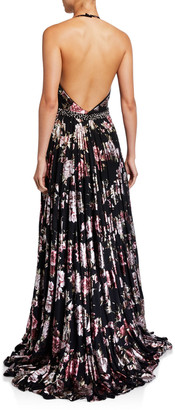 Jovani Floral Accordion Pleated Halter Gown