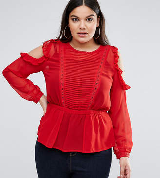 ASOS Curve CURVE Ruffle Cold Shoulder Blouse with Pintuck Front and Lace Insert