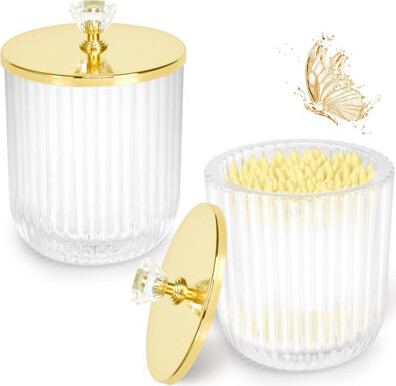 House of Hampton Cotton Swab Holder Dispenser Set,Cute Glass Apothecary Jars With Lid,Cotton Ball Pad Round Container Holders(2PCS)
