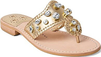 Jack Rogers Jacks Metallic Leather Jewel Ornamented Flat Thong Sandals
