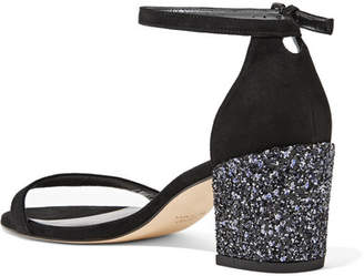 Stuart Weitzman Simple Glittered Suede Sandals - Black