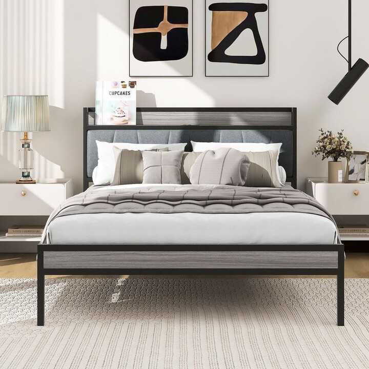 Metal Platform Bed with Upholstered headboard and USB Ports ShopStyle