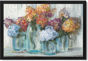 Lark Manor Fall Hydrangeas In Glass Jar Crop Premium Framed Poster by Carol Rowan
