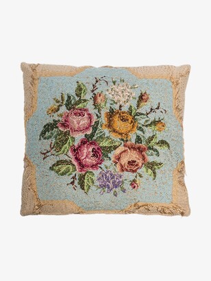 By Walid Brown Rose Needlework Cushion - Unisex - Linen/Flax/Fabric