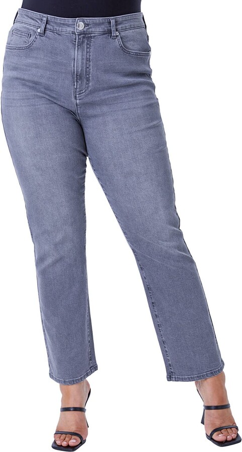 Roman Originals Women Mom Jeans - Ladies Slim Leg Denim Trousers Stretch  Cotton Trouser Smart Casual High Waisted Rise Pull On Skinny Slim Fit  Regular & Curve Plus Sizes - Plus Grey -