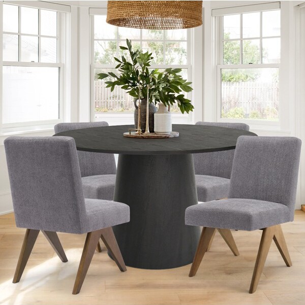 Dwen+Mor 5Piece black Dining Table Set with 4 Gray Upholstered Chairs