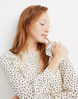 Madewell Smocked Ruffle-Shoulder Midi Dress in Inkbrush Dots
