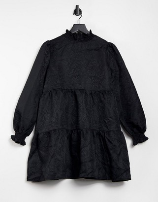 Qed London high neck jacquard tiered smock dress in black