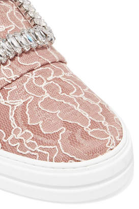 Roger Vivier Sneaky Viv Crystal-embellished Lace Slip-on Sneakers - Antique rose