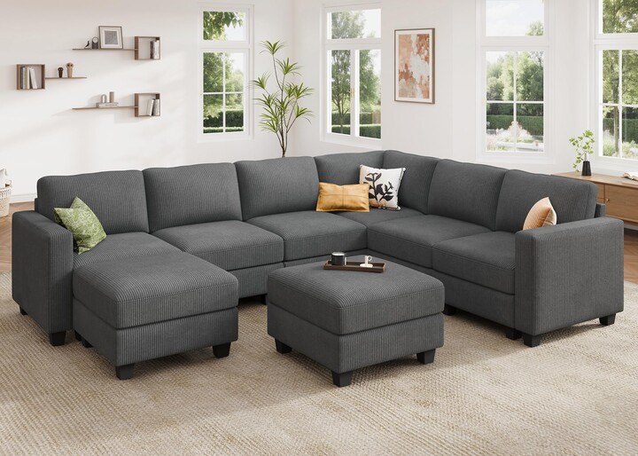 HONBAY Corduroy Sectional Couch with Storage U Shaped Sectional Sofa Modular Sectional Couches for Living Room