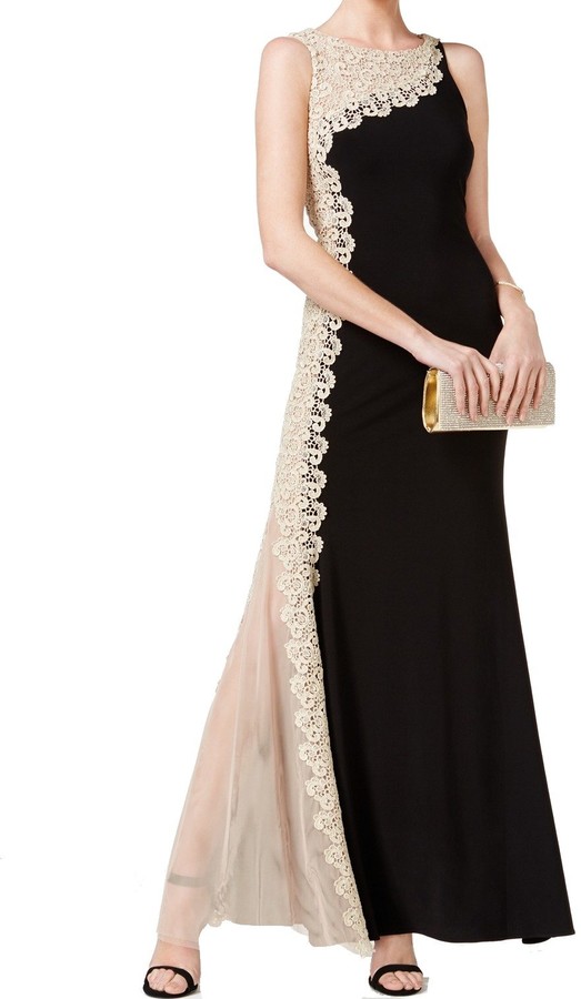 xscape long sleeve gold embroidered rouched gown