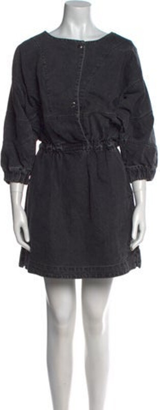 Rachel Comey Shift Dress Grey Ruffle Embellishment Three-Quarter Sleeve with Scoop Neck Button Closure at Front Designer