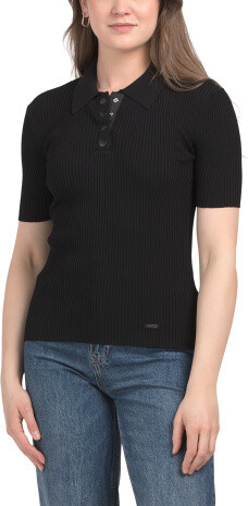 TJMAXX Short Sleeve Snap Button Ribbed Polo, Polyester/Viscose
