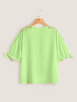 Thumbnail for your product : Shein Plus Guipure Lace Knot Cuff Neon Lime Blouse