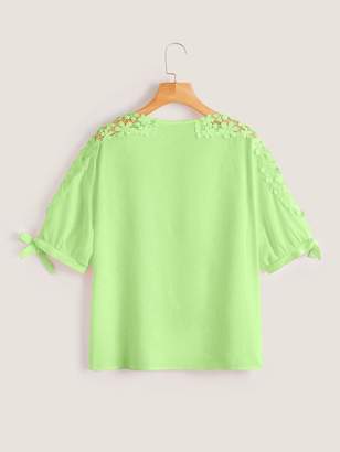 Shein Plus Guipure Lace Knot Cuff Neon Lime Blouse
