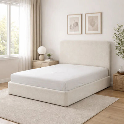 Benjara Welz Bed With Tall Headboard Pearl White Chenille Upholstery