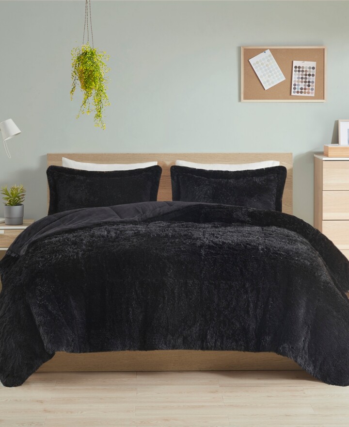Intelligent Design Malea Shaggy Faux-Fur 3-Pc. Comforter Set, Full/Queen - Black/whit