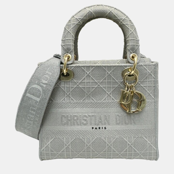 Christian Dior Grey Canvas Medium Cannage Lady D-Lite Tote Bag