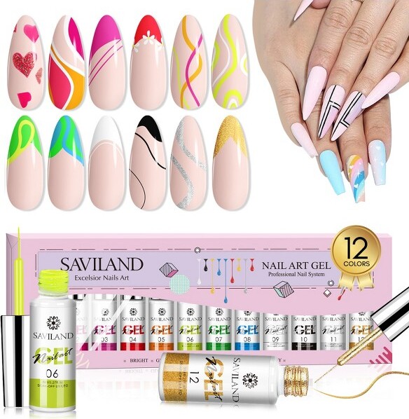 Saviland Bottled Gel Liners: 12 Colors for Nail Art Drawing