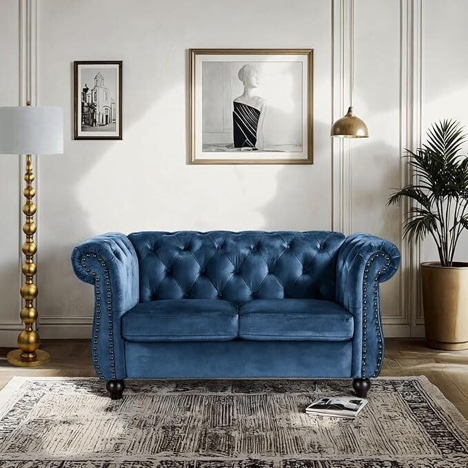 US Pride Furniture Chester 61 in. Wide Rolled Arm Velvet Modern Straight living Room Loveseat, Dark Blue