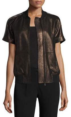 Neiman Marcus Leather Collection Short-Sleeve Chain-Trimmed Leather Bomber Jacket