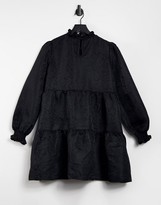 Thumbnail for your product : Qed London high neck jacquard tiered smock dress in black