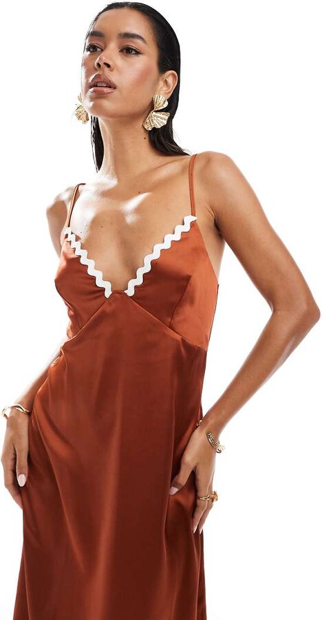 ASOS DESIGN satin midi slip dress with contrast rik rak trim in