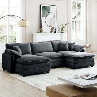 Hokku Designs U Shape 3 Modular In Grey Corduroy With And Soft Throw Pillows - Combining Classic Modern Elements For Stylish Decoration Double-layered Memory Foam C