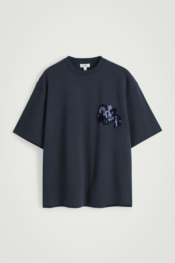 COS Embroidered-Patch Heavyweight T-Shirt in Navy