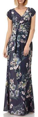 Kay Unger New York Floral-Print Striped Chiffon Tulip-Sleeve Blouson Gown