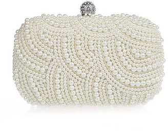 TopTie Elegant Pearl Overlay Hard Case Clutch, Beaded Wedding Bag