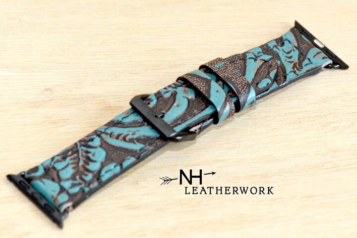 Leather Watch Band Strap, Turquoise & Black Floral, For Apple 38/40/41mm 42/44/45/49mm Fitbit Versa 2, Samsung Galaxy