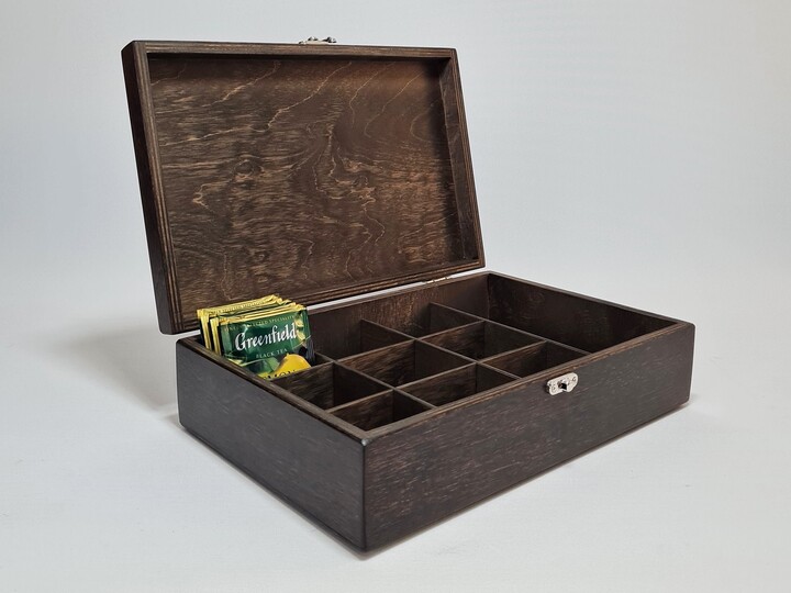 Dark Brown Wooden Tea Box 10 Compartment Organizer, Keepsake Box