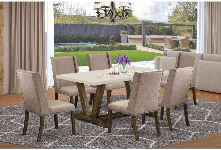 East West Furniture 7-Piece Rectangle Natural Oak Finish Solid Wood Top Dining Set with 1 table and 6 Upholstered-Chairs with Lattice Back