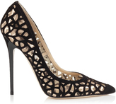 Thumbnail for your product : Jimmy Choo Anouk Black Laser Cut Suede and Nude Mirror Leather on Mesh Pointy Toe Pumps