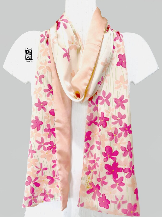 Etsy Personalized Japanese Gifts For Her Hand Painted Silk Charmeuse Scarf Pink & Peach Spring Cherry Blossoms